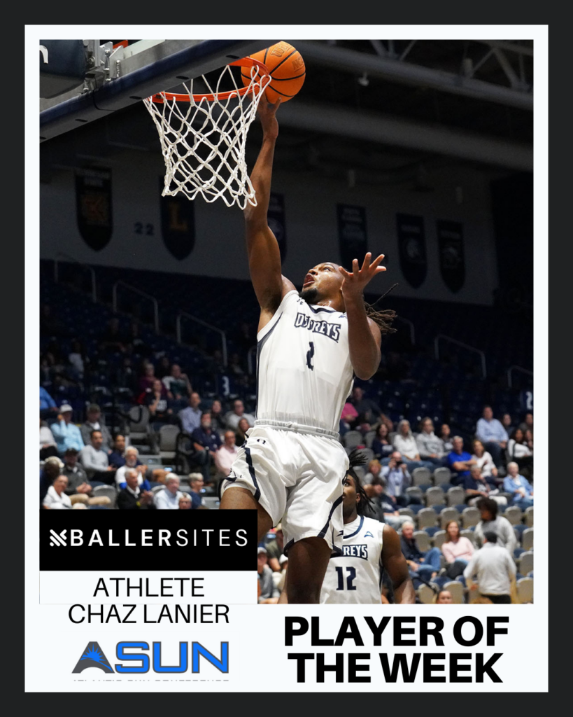 image of baller sites athlete Chaz Lanier dunking ASUNS player of the week